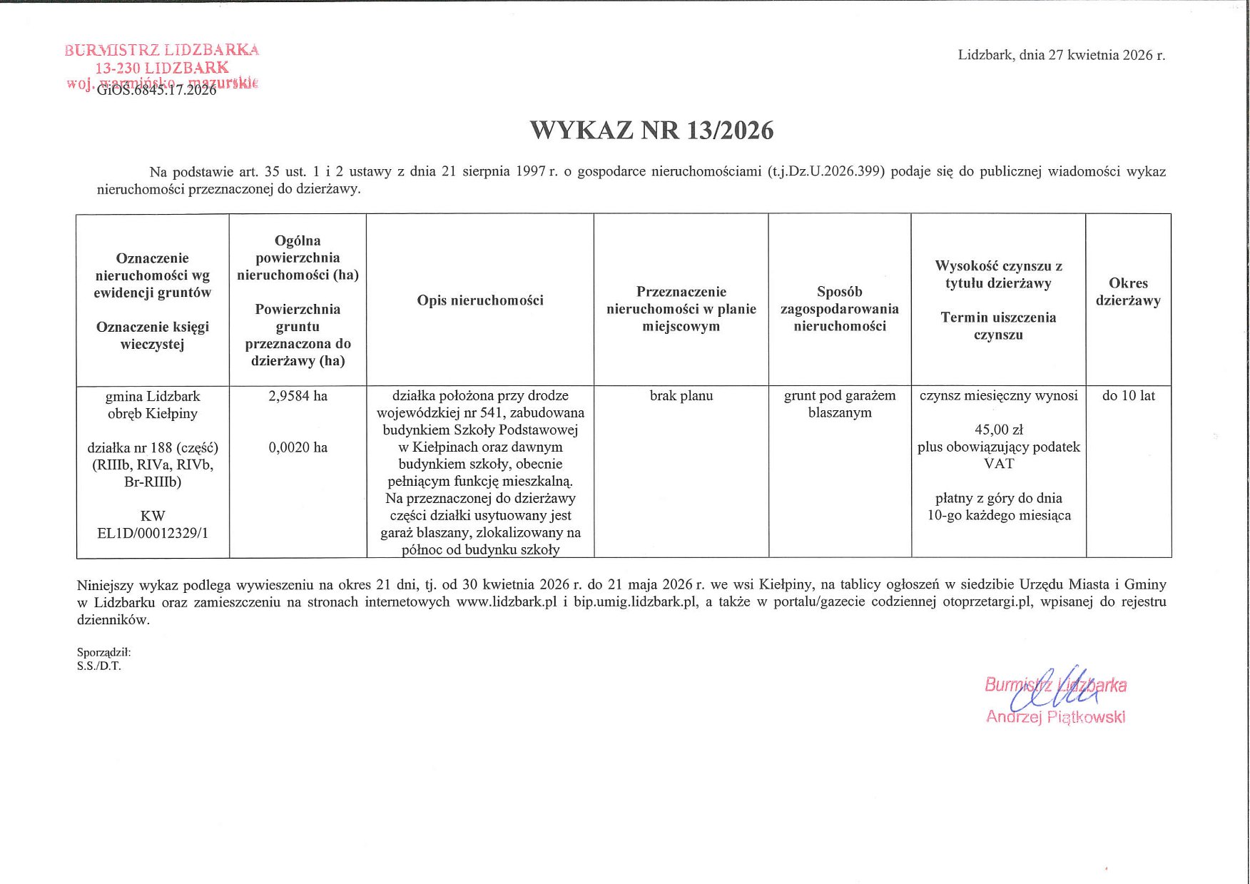 Wykaz Nr 13/2026 - Nieruchomość gruntowa do dzierżawy - obr. Kiełpiny dz. nr 188